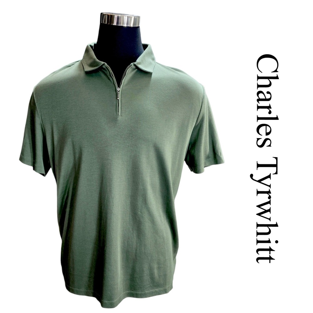 Charles Tyrwhitt Polo Shirt Men XL Green Cotton Quarter Zip Short Sleeve Classic